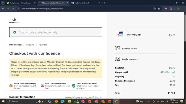 Cannaflower checkout page showing Cannaflower coupon code box | Screenshot taken by SimplyCodes community member on Aug 22, 2025
