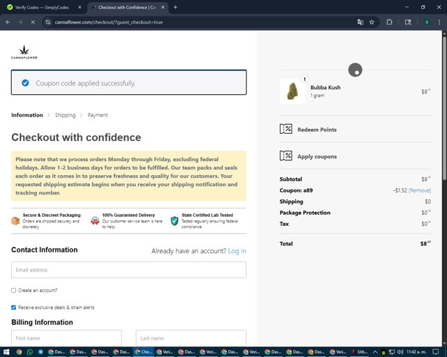 Cannaflower checkout page showing Cannaflower coupon code box | Screenshot taken by SimplyCodes community member on Aug 22, 2025