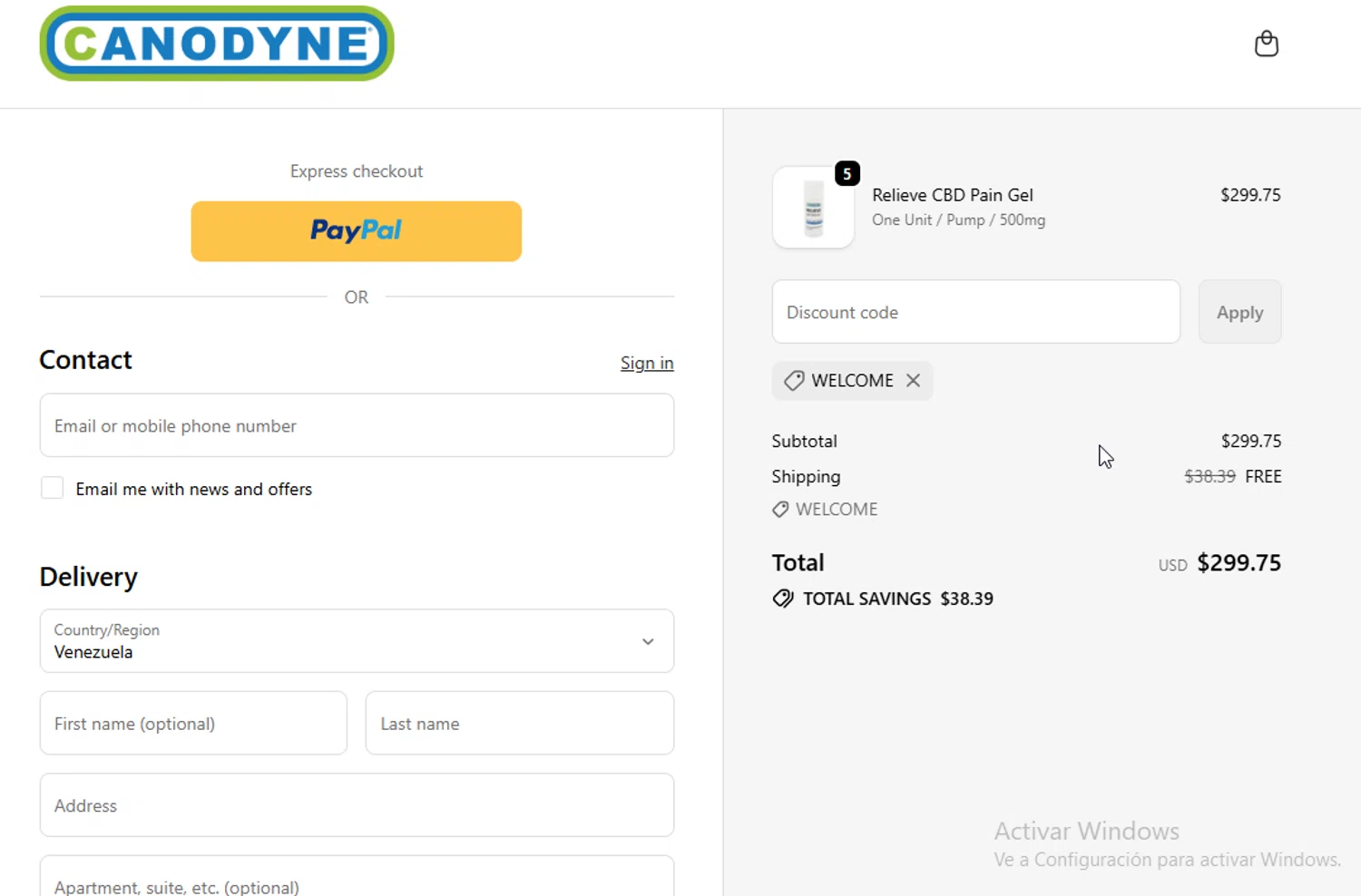 Canodyne CBD promo code screenshot showing code WELCOME applied at Canodyne CBD checkout page. Uploaded by SimplyCodes community member BudgetGuardian5712 on Oct 28, 2025