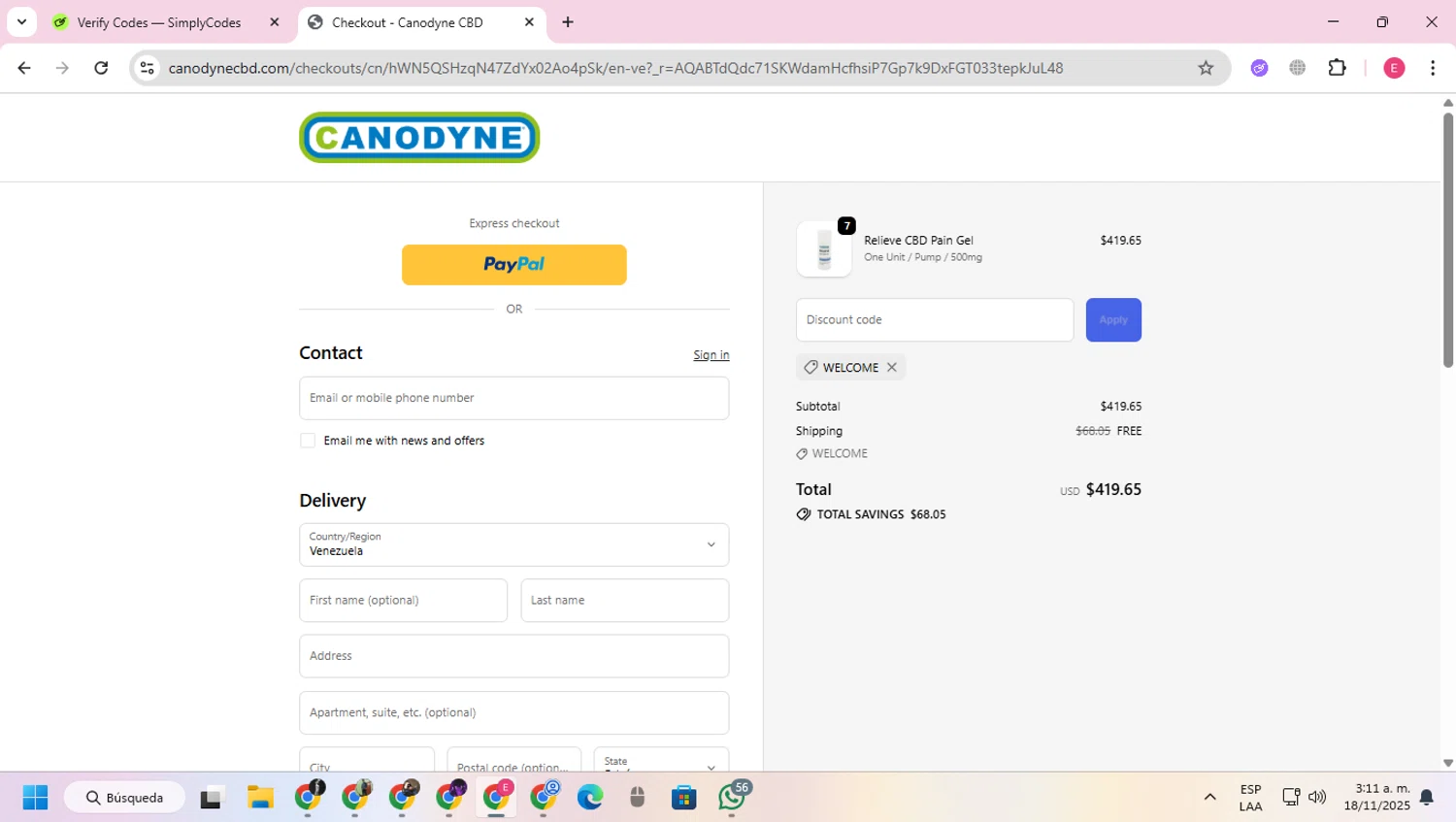 Canodyne CBD promo code screenshot showing code WELCOME applied at Canodyne CBD checkout page. Uploaded by SimplyCodes community member VoucherExpert2930 on Nov 18, 2025