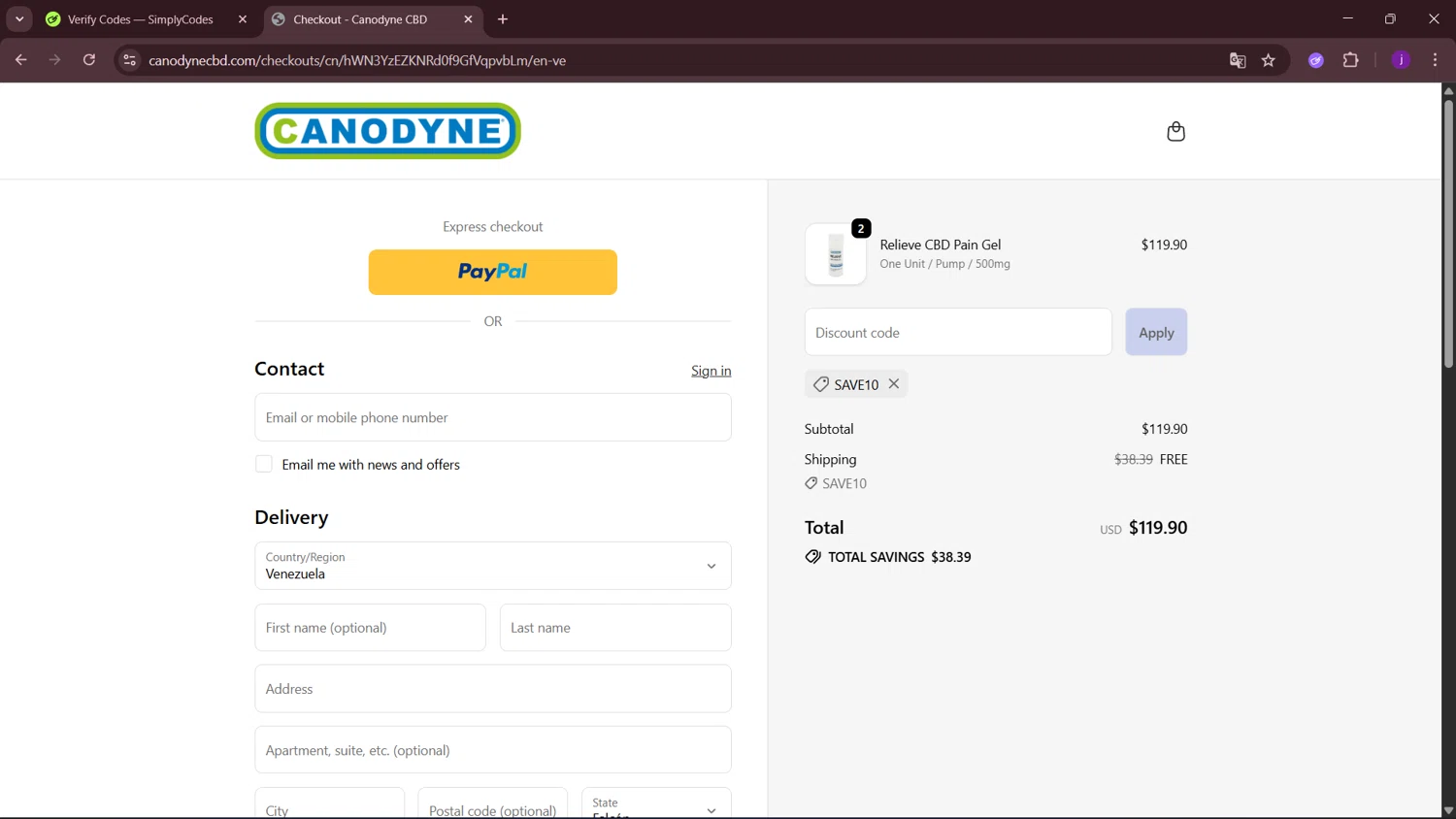 Canodyne CBD promo code screenshot showing code SAVE10 applied at Canodyne CBD checkout page. Uploaded by SimplyCodes community member MagnificentSleuth912 on Sep 30, 2025