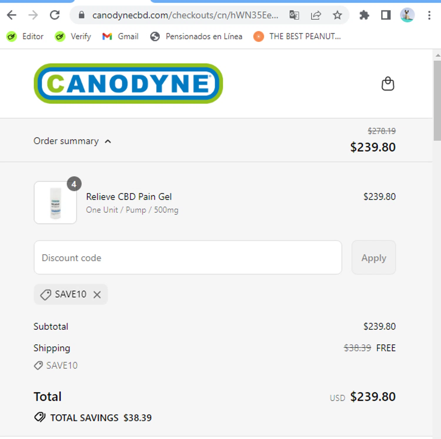 Canodyne CBD promo code screenshot showing code SAVE10 applied at Canodyne CBD checkout page. Uploaded by SimplyCodes community member Pitiyanki on Sep 17, 2025