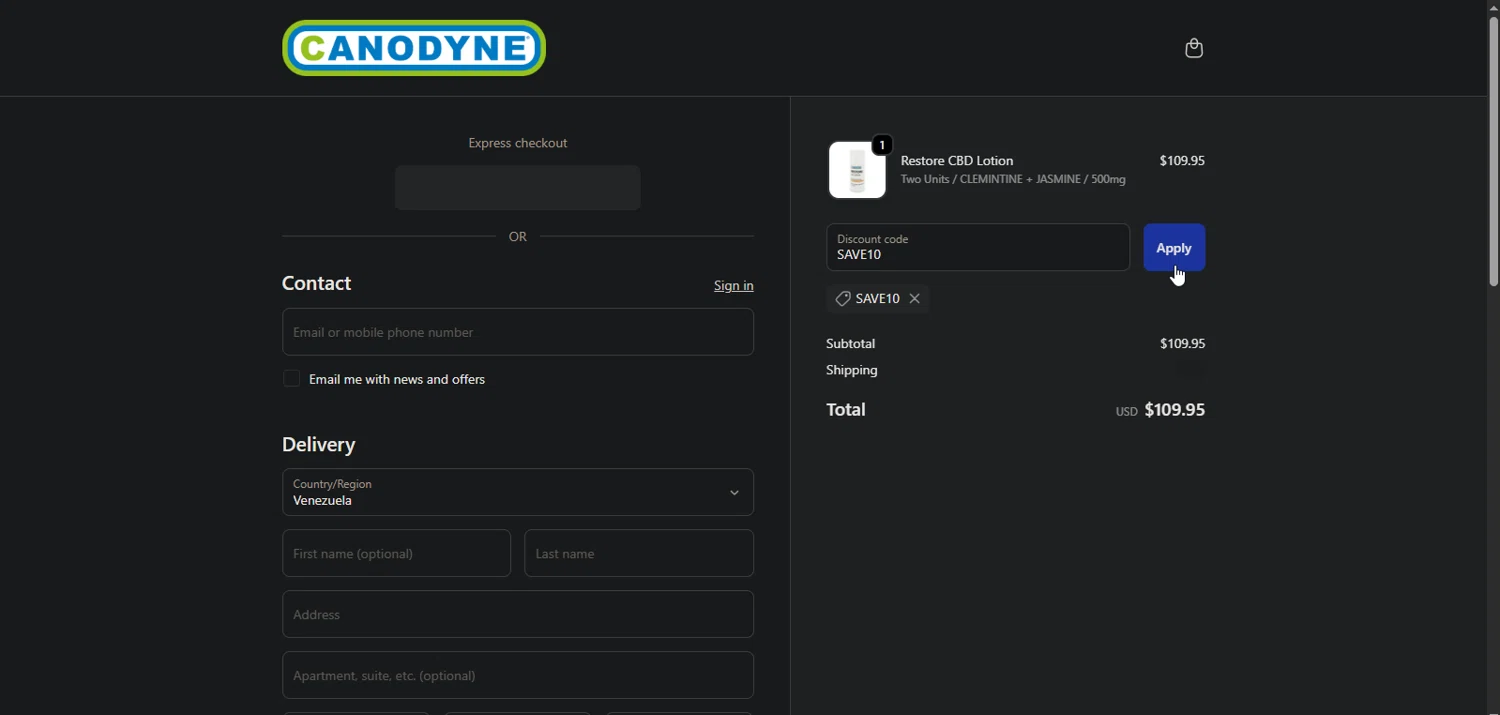 Canodyne CBD promo code screenshot showing code SAVE10 applied at Canodyne CBD checkout page. Uploaded by SimplyCodes community member TreasureMaestro5413 on Oct 28, 2025