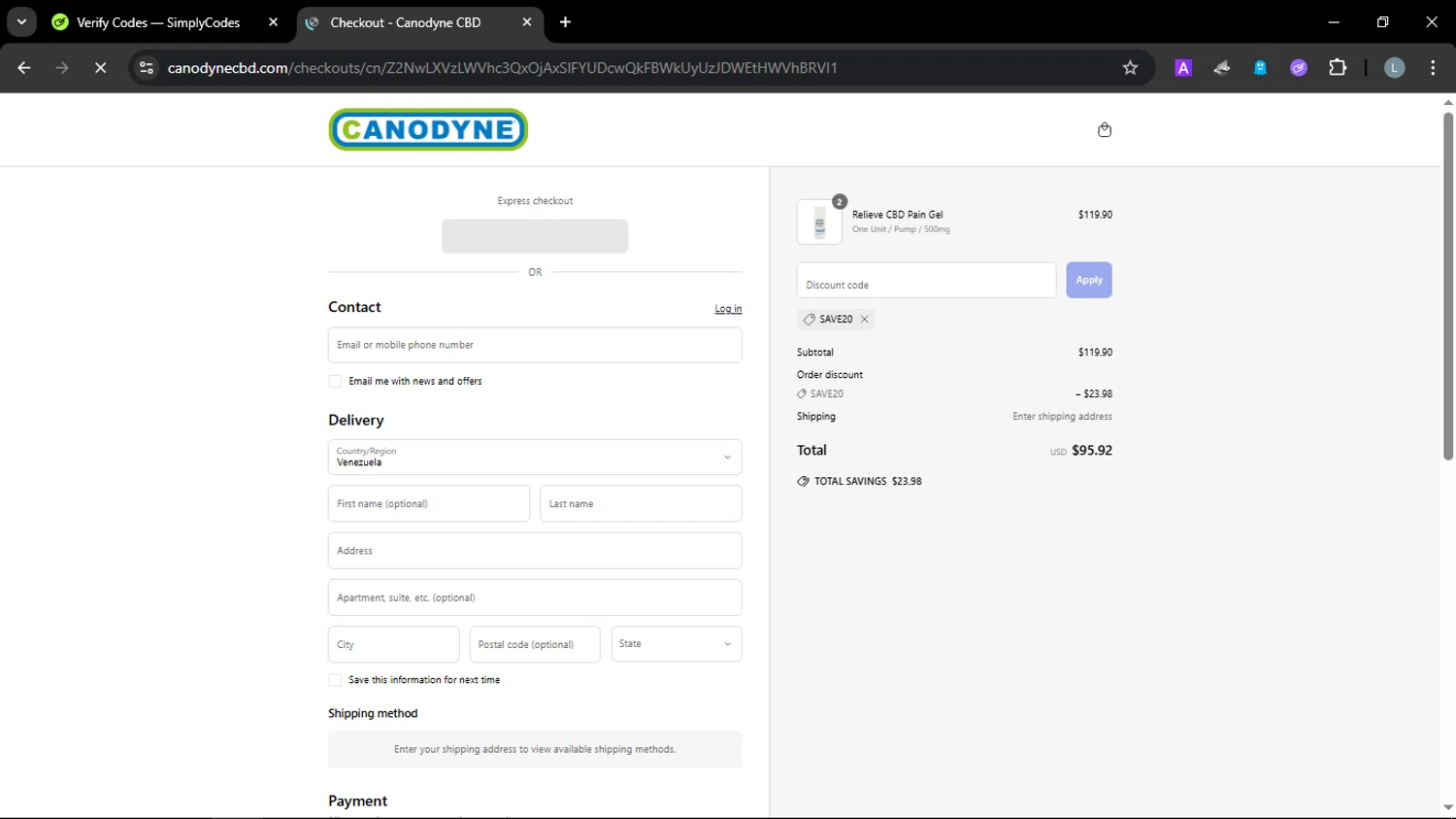 Canodyne CBD promo code screenshot showing code SAVE20 applied at Canodyne CBD checkout page. Uploaded by SimplyCodes community member JuanChi on Apr 3, 2025