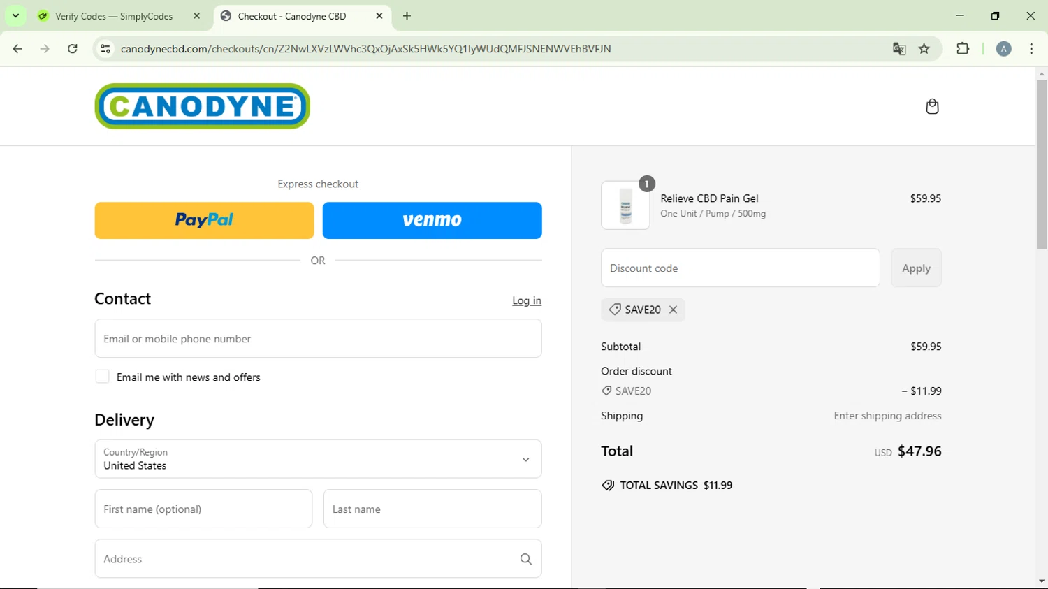 Canodyne CBD promo code screenshot showing code SAVE20 applied at Canodyne CBD checkout page. Uploaded by SimplyCodes community member DiscountVirtuoso6243 on Mar 4, 2025