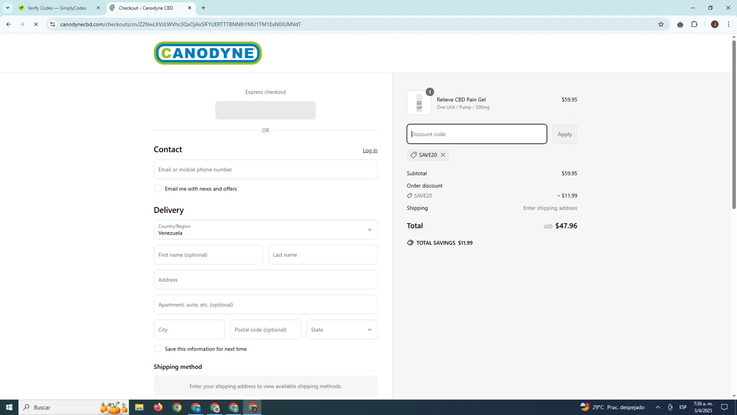 Canodyne CBD promo code screenshot showing code SAVE20 applied at Canodyne CBD checkout page. Uploaded by SimplyCodes community member PrimeGenius2371 on Apr 3, 2025
