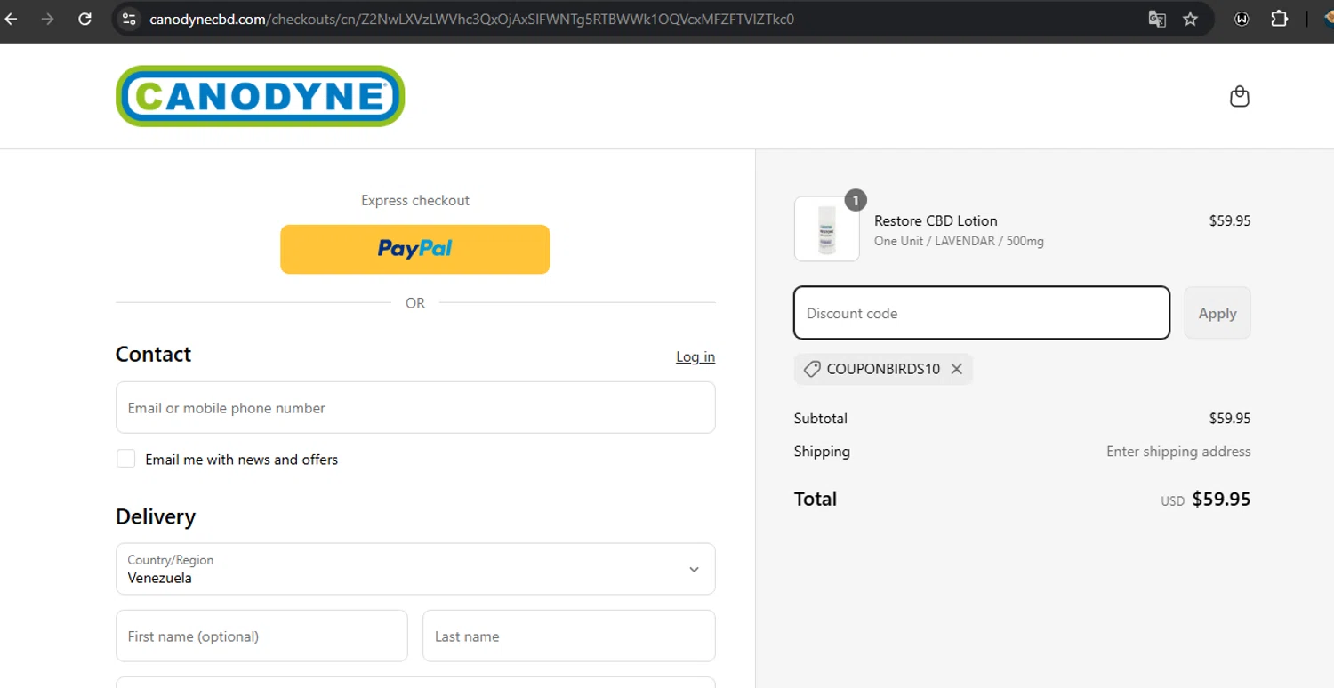 Canodyne CBD promo code screenshot showing code COUPONBIRDS10 applied at Canodyne CBD checkout page. Uploaded by SimplyCodes community member RoyalSpotter5217 on Apr 2, 2025