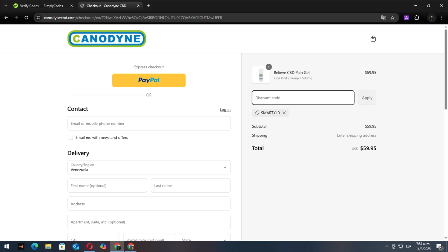 Canodyne CBD promo code screenshot showing code SMARTY10 applied at Canodyne CBD checkout page. Uploaded by SimplyCodes community member Andy2323 on Mar 14, 2025