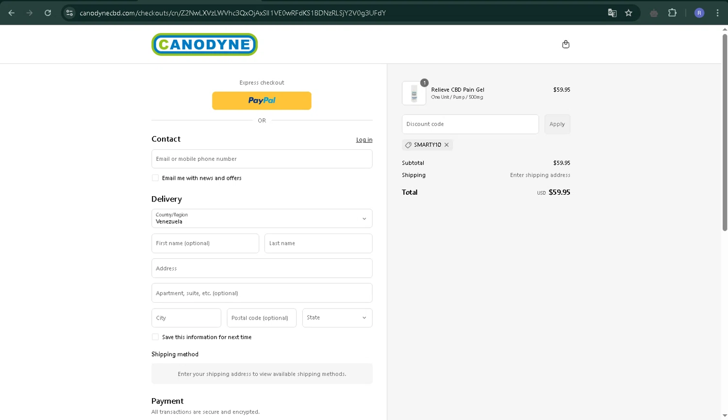 Canodyne CBD promo code screenshot showing code SMARTY10 applied at Canodyne CBD checkout page. Uploaded by SimplyCodes community member CoinPilot9113 on Apr 6, 2025