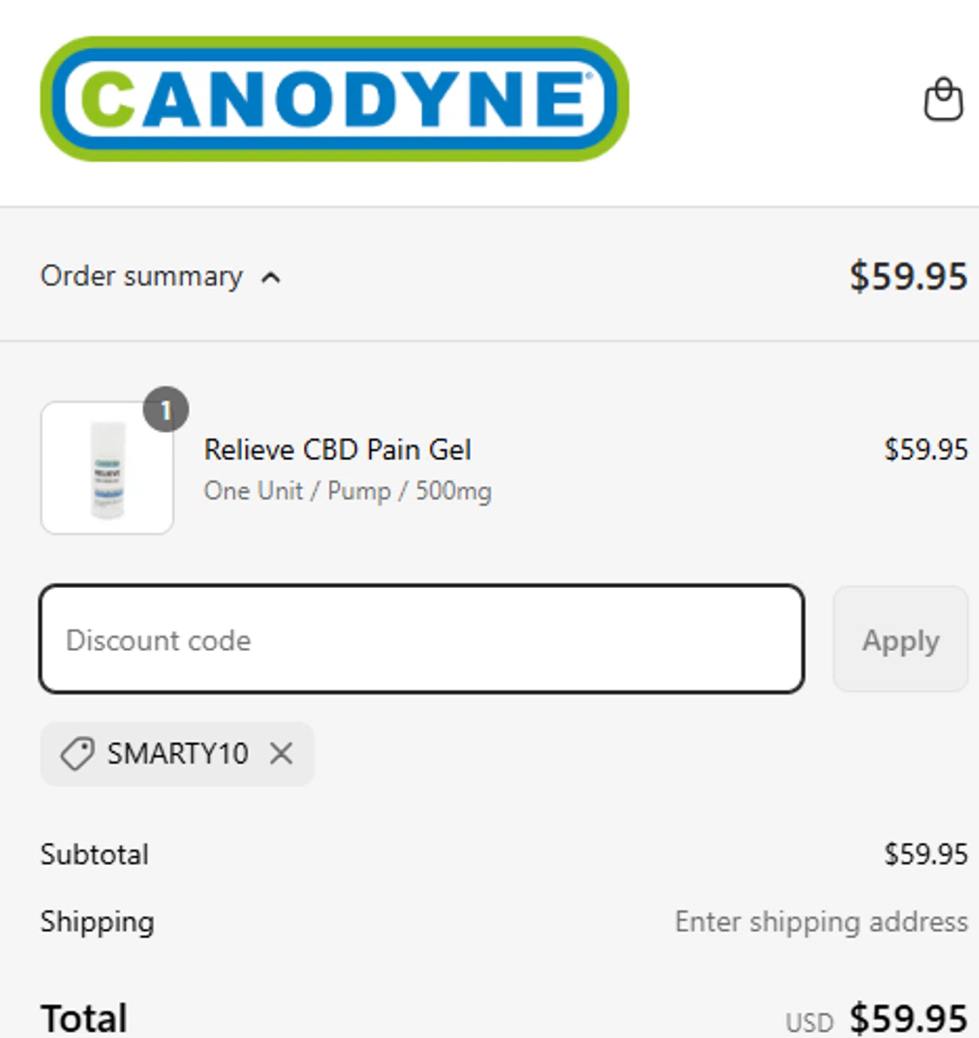 Canodyne CBD promo code screenshot showing code SMARTY10 applied at Canodyne CBD checkout page. Uploaded by SimplyCodes community member GoldLynx7797 on Mar 14, 2025