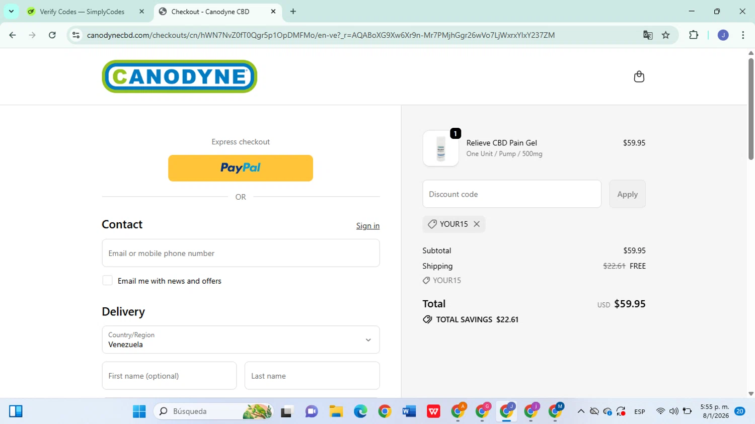Canodyne CBD checkout page showing Canodyne CBD promo code box | Screenshot taken by SimplyCodes community member on Jan 8, 2026