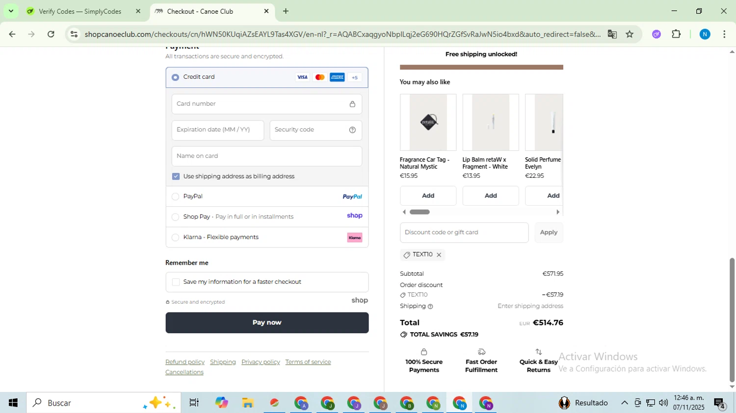 Canoe Club discount code screenshot showing code TEXT10 applied at Canoe Club checkout page. Uploaded by SimplyCodes community member CoinHawk678 on Nov 7, 2025