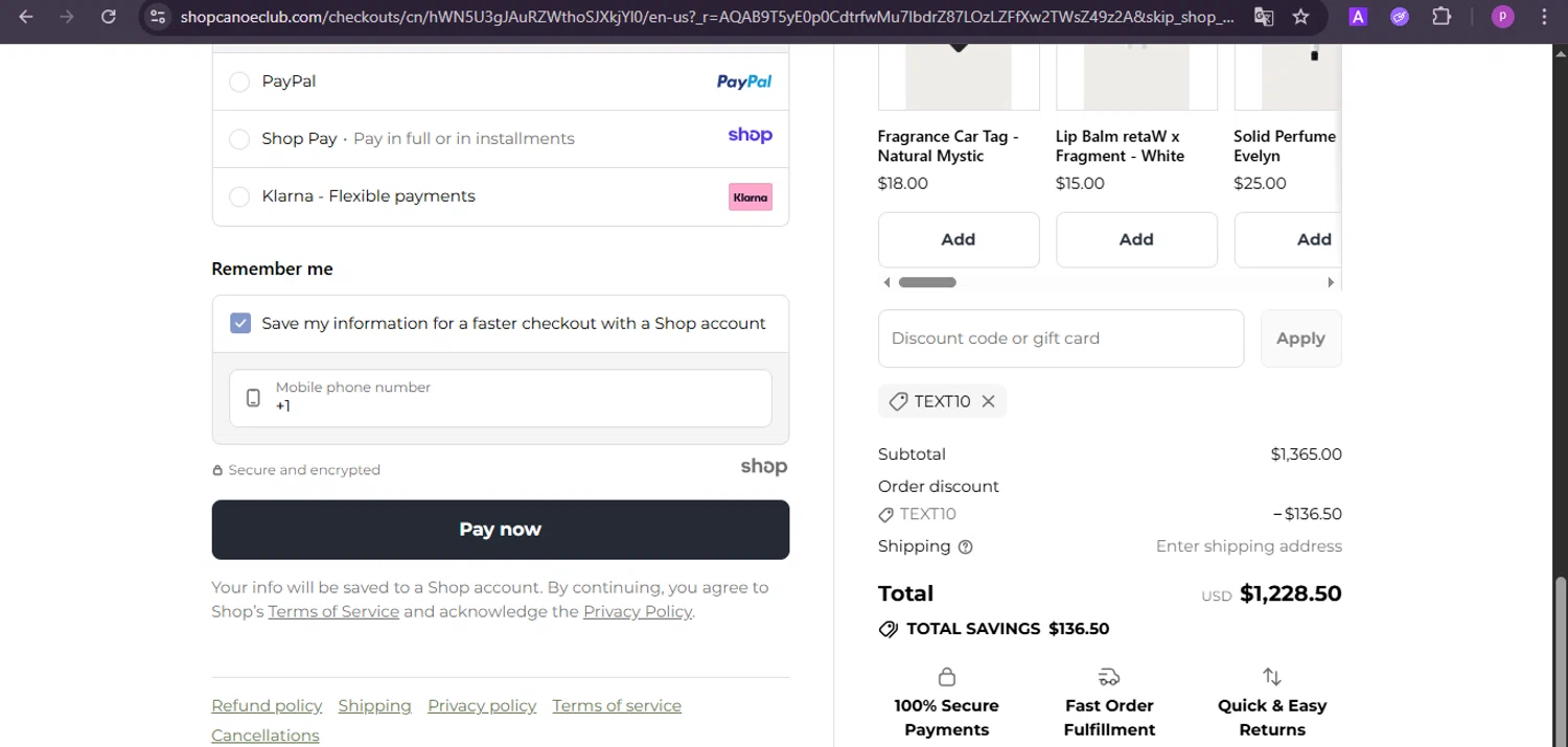 Canoe Club discount code screenshot showing code TEXT10 applied at Canoe Club checkout page. Uploaded by SimplyCodes community member firoas on Nov 19, 2025