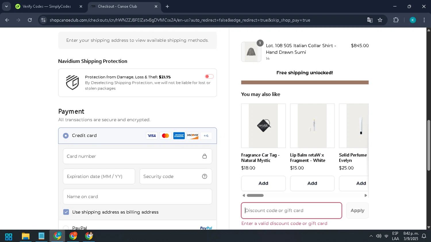 Canoe Club discount code screenshot showing code LABORDAY2025 applied at Canoe Club checkout page. Uploaded by SimplyCodes community member CodeHunter9012 on Sep 4, 2025
