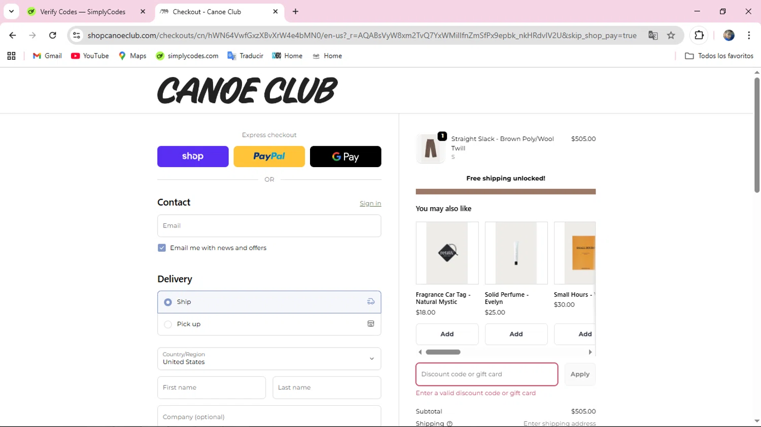 Canoe Club discount code screenshot showing code BLACKFRIDAY2025 applied at Canoe Club checkout page. Uploaded by SimplyCodes community member ELMORADO on Dec 5, 2025
