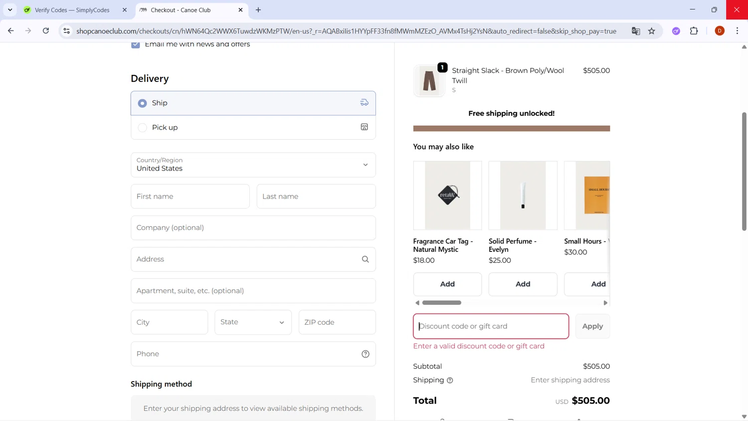 Canoe Club discount code screenshot showing code BLACKFRIDAY2025 applied at Canoe Club checkout page. Uploaded by SimplyCodes community member RoyalSaver3150 on Dec 5, 2025