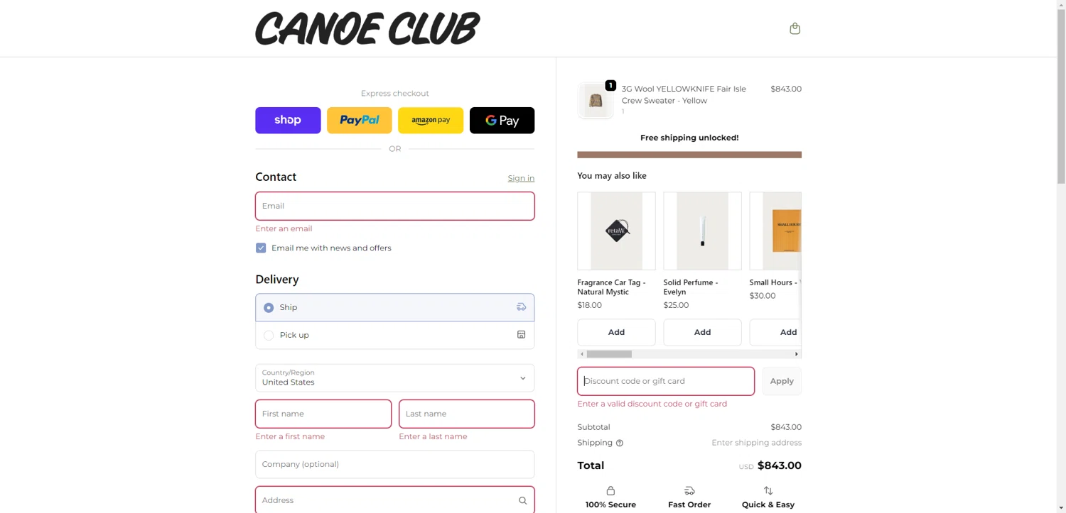 Canoe Club discount code screenshot showing code HOLIDAYSHIP applied at Canoe Club checkout page. Uploaded by SimplyCodes community member CashSentinel5495 on Dec 23, 2025