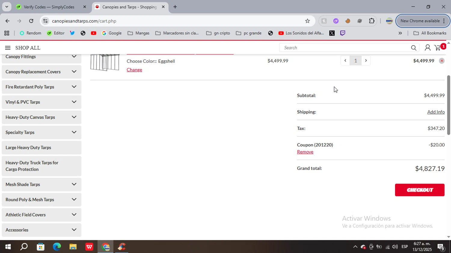 CanopiesAndTarps promo code screenshot showing code 201220 applied at CanopiesAndTarps checkout page. Uploaded by SimplyCodes community member FrugalSage5401 on Dec 13, 2025