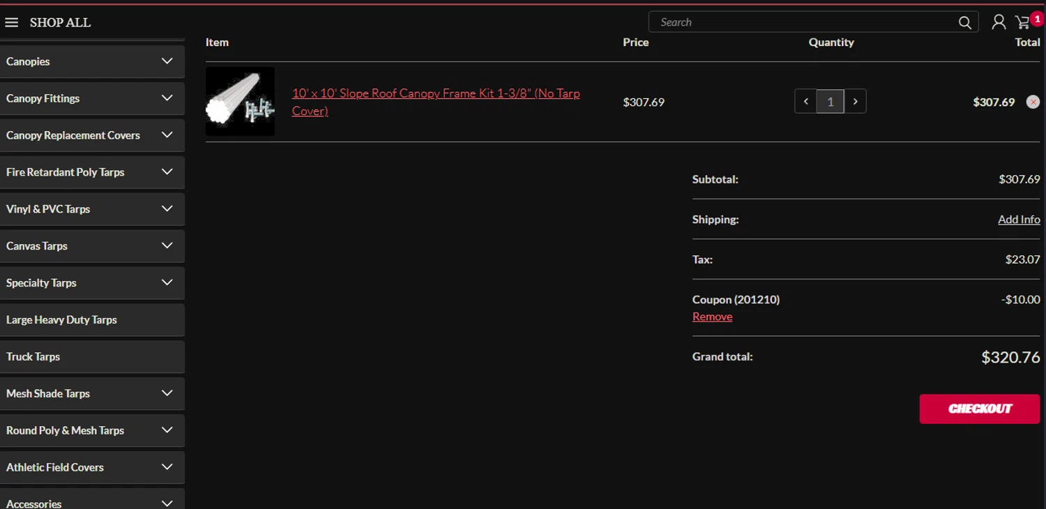 CanopiesAndTarps promo code screenshot showing code 201210 applied at CanopiesAndTarps checkout page. Uploaded by SimplyCodes community member chepipi on Jan 8, 2025
