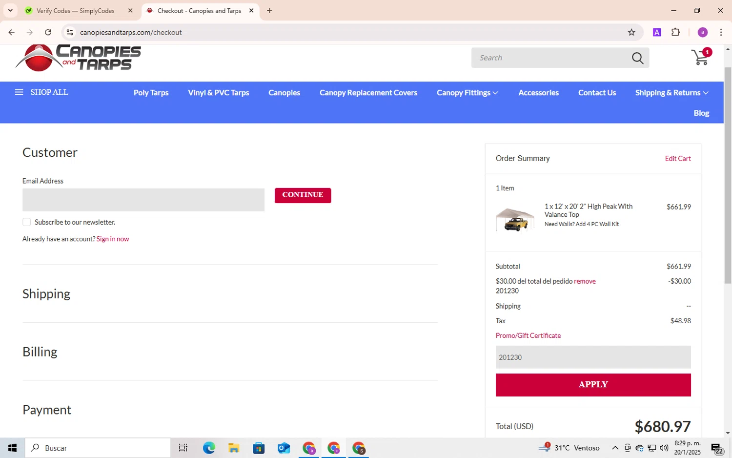 CanopiesAndTarps promo code screenshot showing code 201230 applied at CanopiesAndTarps checkout page. Uploaded by SimplyCodes community member Andygar on Jan 20, 2025