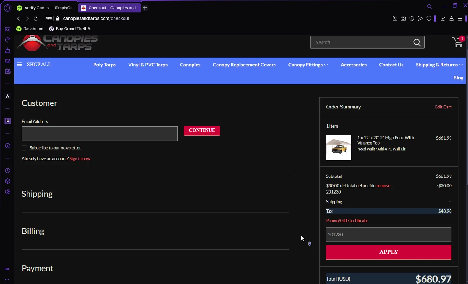 CanopiesAndTarps promo code screenshot showing code 201230 applied at CanopiesAndTarps checkout page. Uploaded by SimplyCodes community member Darka007 on Jan 2, 2025