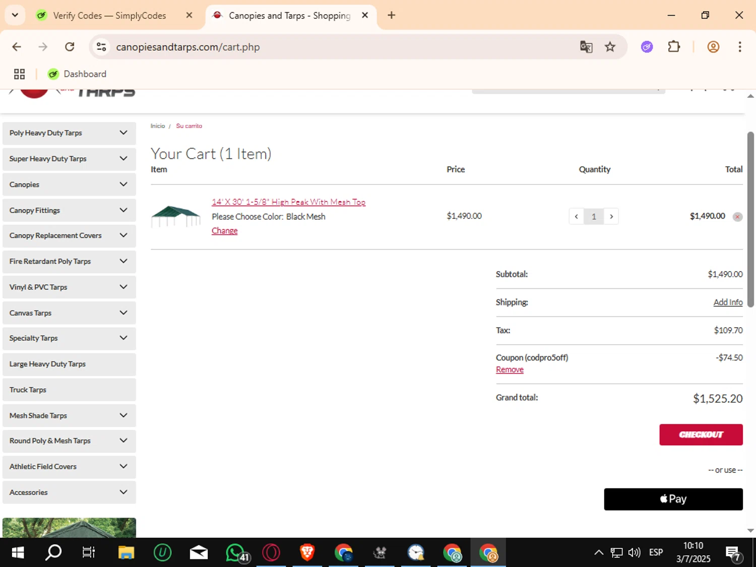 CanopiesAndTarps promo code screenshot showing code codpro5off applied at CanopiesAndTarps checkout page. Uploaded by SimplyCodes community member Crchirino1 on Jul 3, 2025