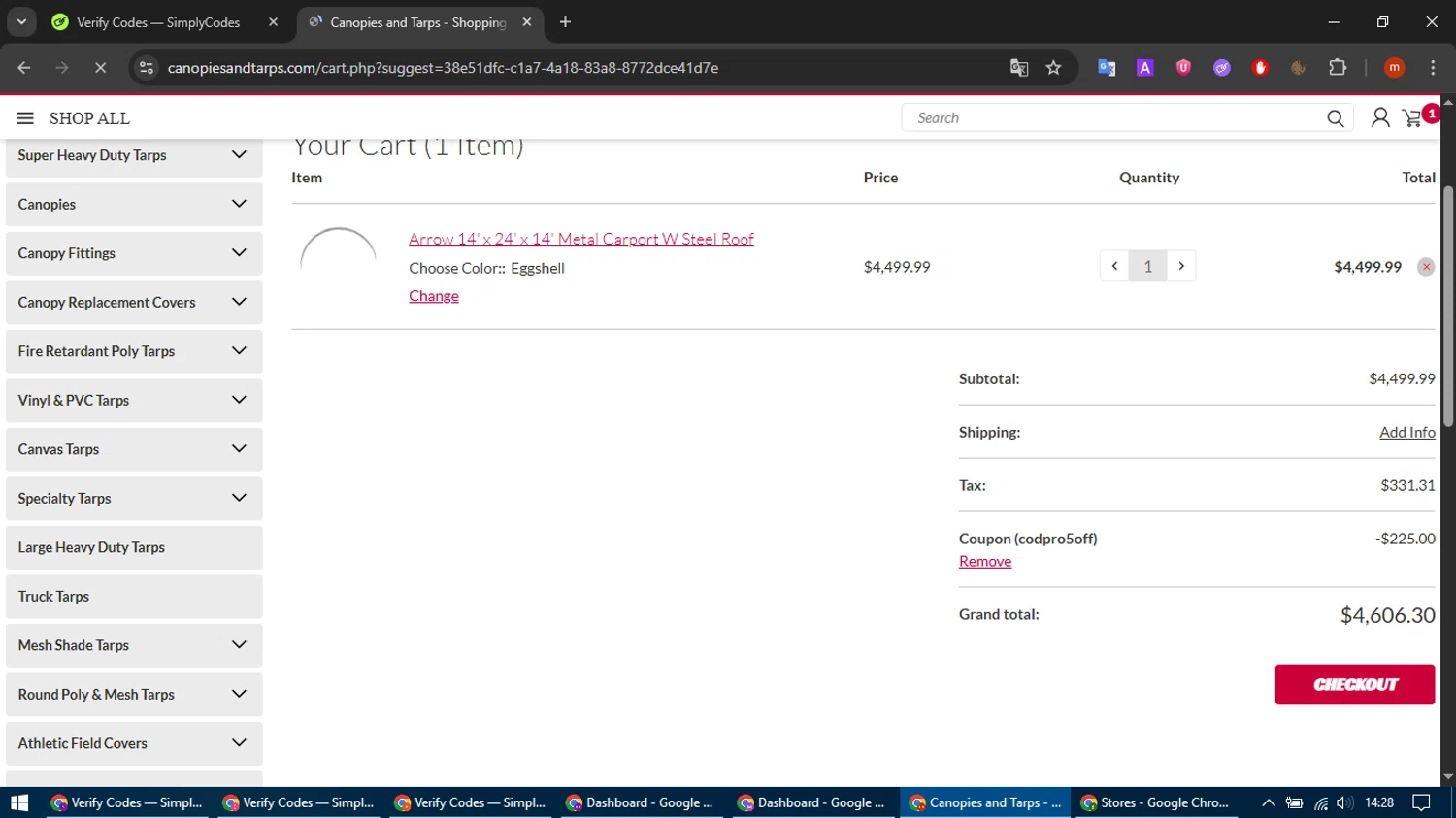 CanopiesAndTarps promo code screenshot showing code codpro5off applied at CanopiesAndTarps checkout page. Uploaded by SimplyCodes community member SmartFalcon9323 on Oct 27, 2025