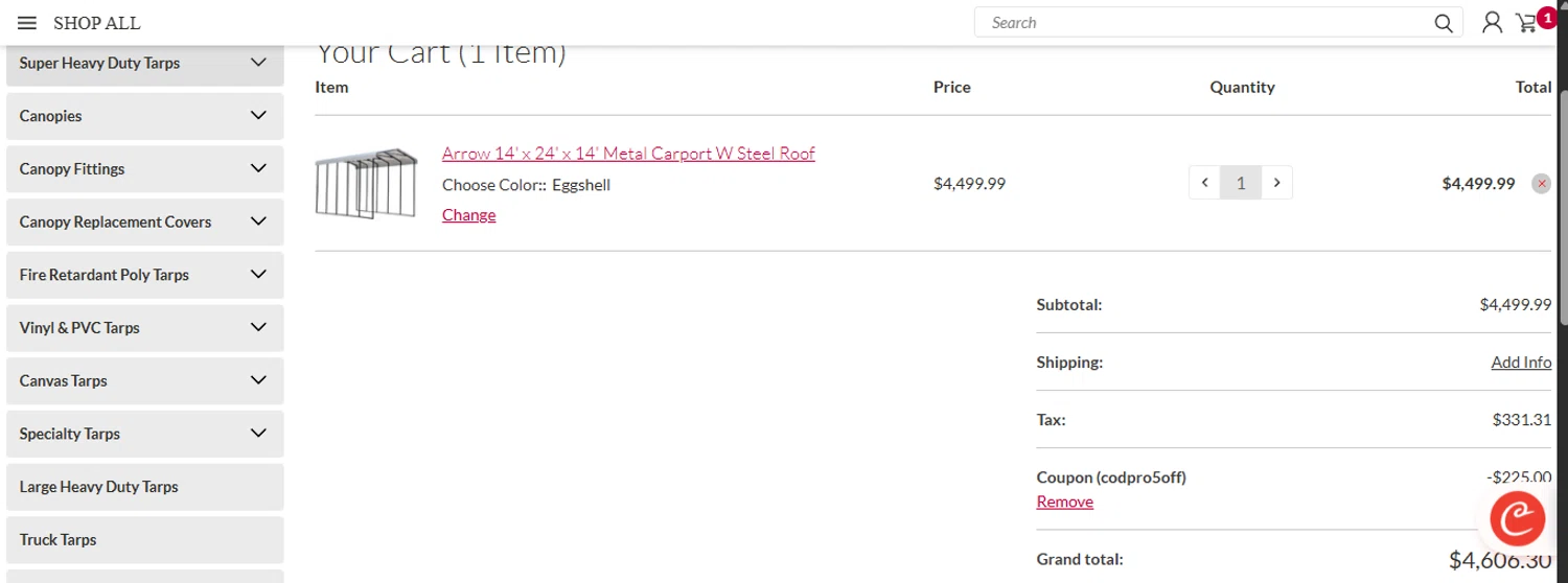 CanopiesAndTarps promo code screenshot showing code codpro5off applied at CanopiesAndTarps checkout page. Uploaded by SimplyCodes community member ashe1986 on Jun 4, 2025
