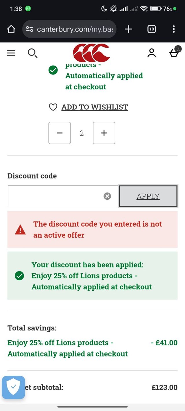 Canterbury.com checkout page showing Canterbury.com discount code box | Screenshot taken by SimplyCodes community member on Jul 10, 2025