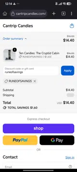 Cantrip Candles coupon verification screenshot
