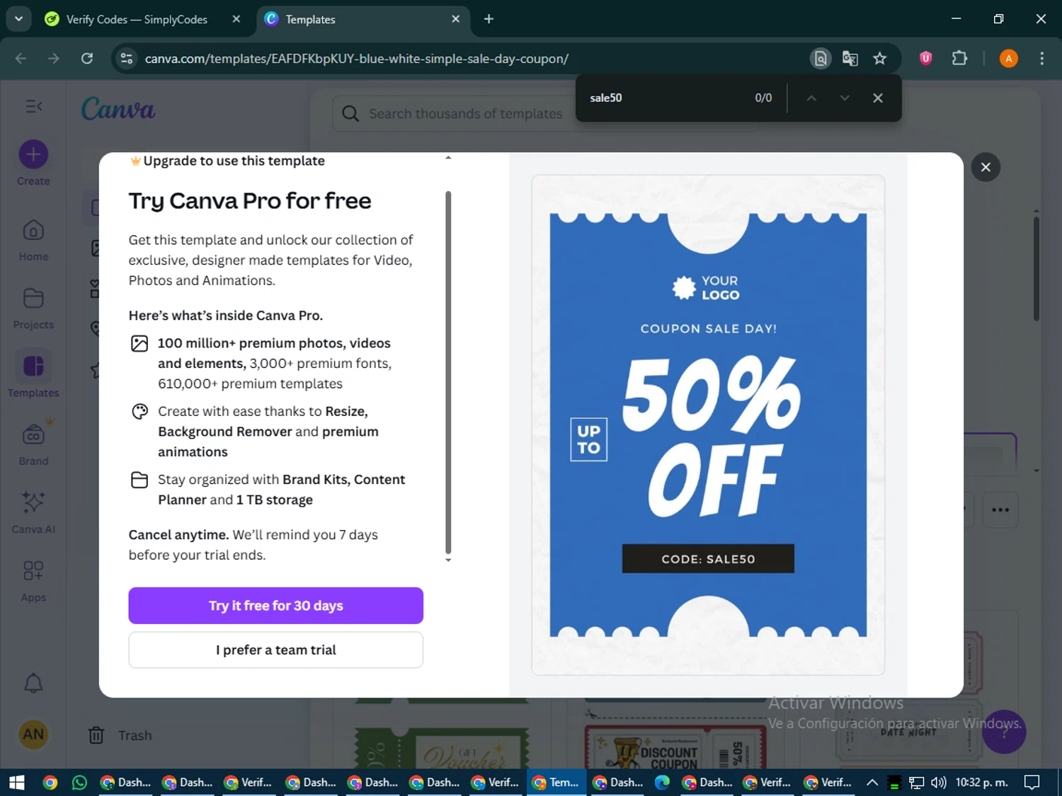 Canva coupon code screenshot showing code sale50 applied at Canva checkout page. Uploaded by SimplyCodes community member MoneyPhoenix4664 on Jun 27, 2025