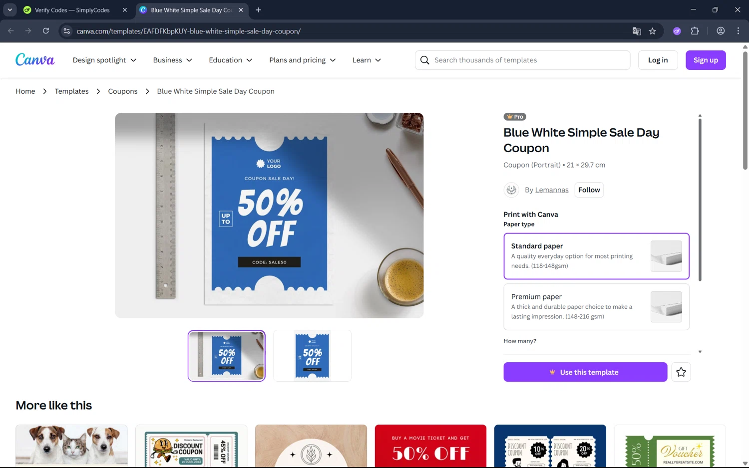 Canva coupon code screenshot showing code sale50 applied at Canva checkout page. Uploaded by SimplyCodes community member juan1702 on Jun 27, 2025