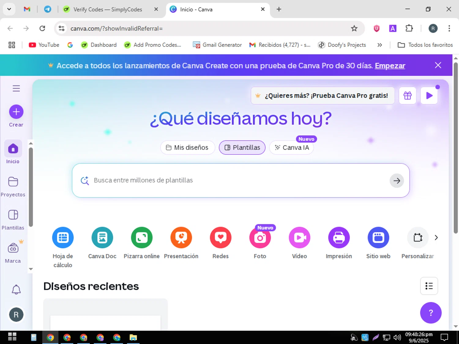 Canva coupon code screenshot showing code Free45DayExtendTrial applied at Canva checkout page. Uploaded by SimplyCodes community member PennyWizard7963 on Jun 10, 2025