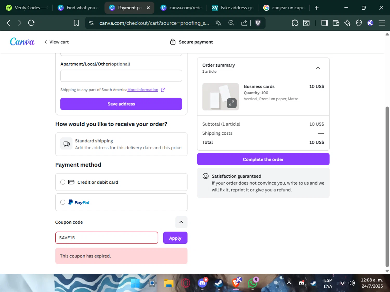 Canva coupon code screenshot showing code SAVE15 applied at Canva checkout page. Uploaded by SimplyCodes community member Mafer69 on Jul 24, 2025