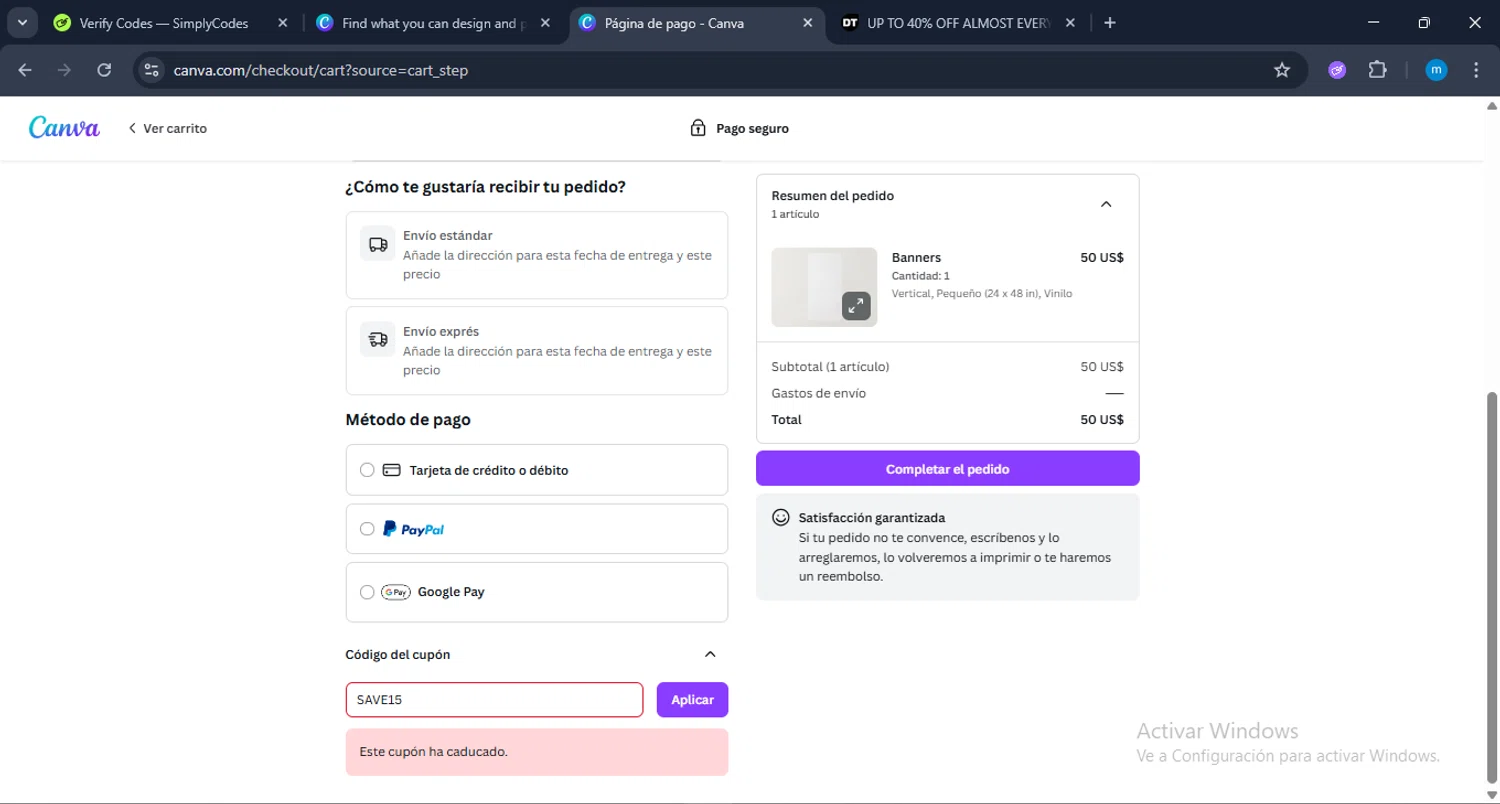Canva coupon code screenshot showing code SAVE15 applied at Canva checkout page. Uploaded by SimplyCodes community member LuckyWarden9122 on Jul 24, 2025