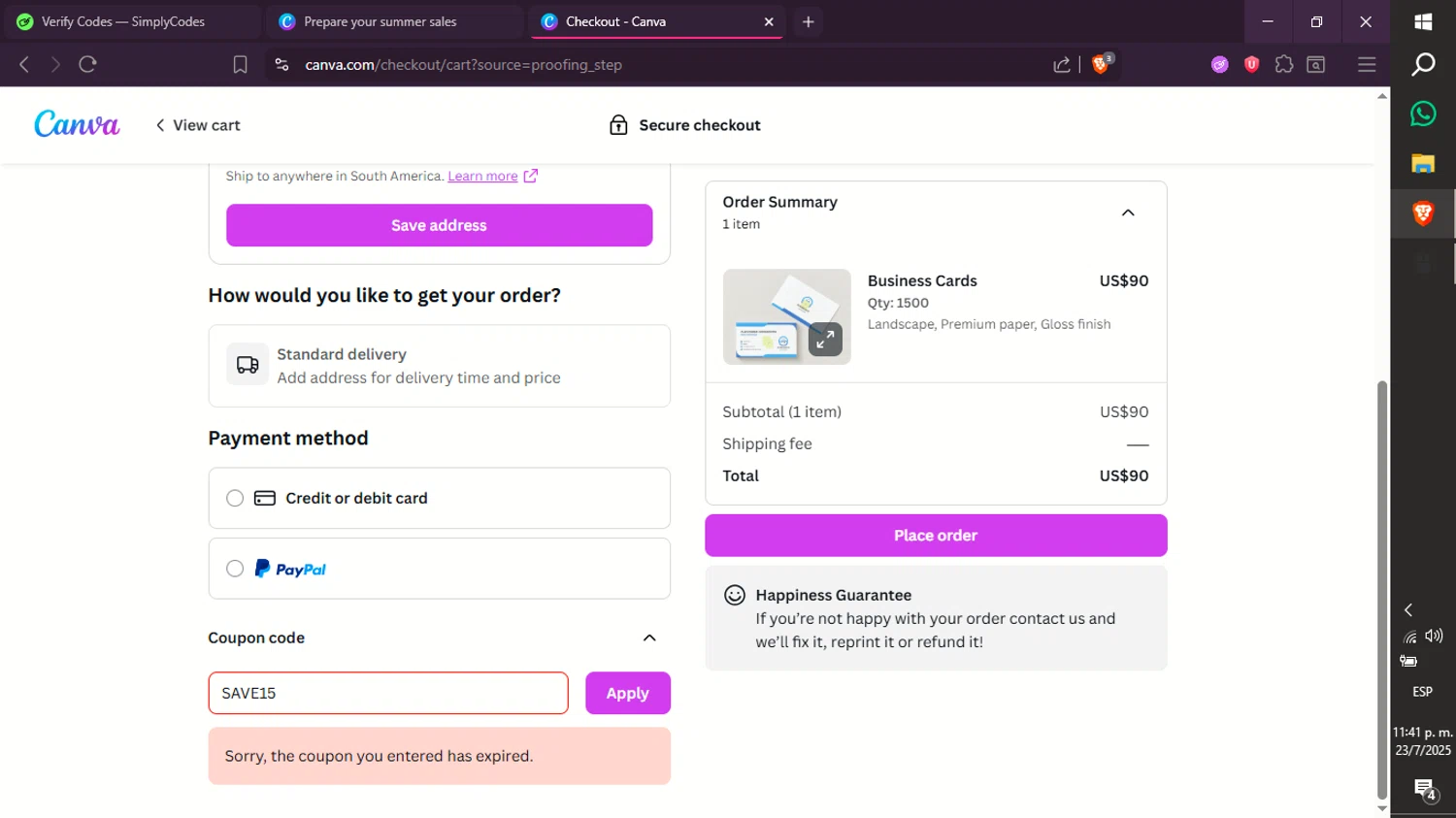 Canva coupon code screenshot showing code SAVE15 applied at Canva checkout page. Uploaded by SimplyCodes community member xXdevoragoticas69Xx on Jul 24, 2025