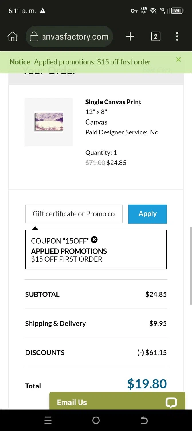 Canvas Factory checkout page showing Canvas Factory promo code box | Screenshot taken by SimplyCodes community member on Dec 26, 2024