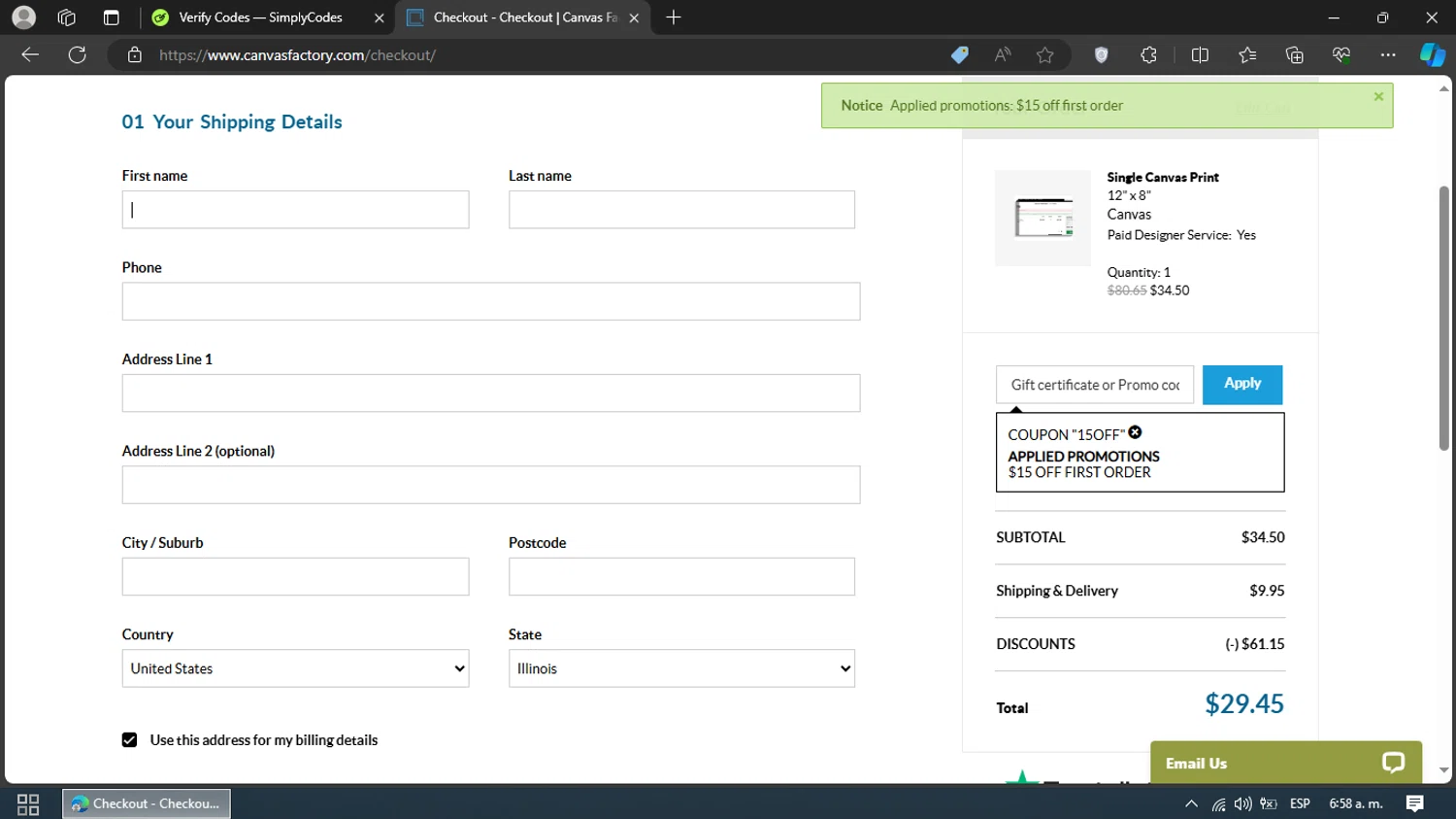 Canvas Factory checkout page showing Canvas Factory promo code box | Screenshot taken by SimplyCodes community member on Jun 9, 2024