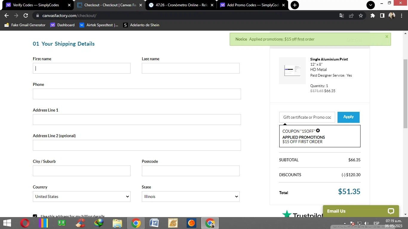 Canvas Factory checkout page showing Canvas Factory promo code box | Screenshot taken by SimplyCodes community member on May 6, 2023