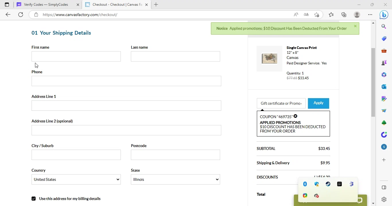 Canvas Factory checkout page showing Canvas Factory promo code box | Screenshot taken by SimplyCodes community member on Apr 10, 2023