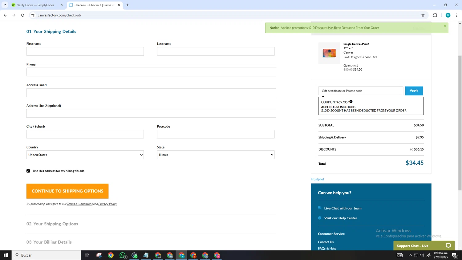 Canvas Factory promo code screenshot showing code 469735 applied at Canvas Factory checkout page. Uploaded by SimplyCodes community member SmartGenius3209 on Jan 27, 2025