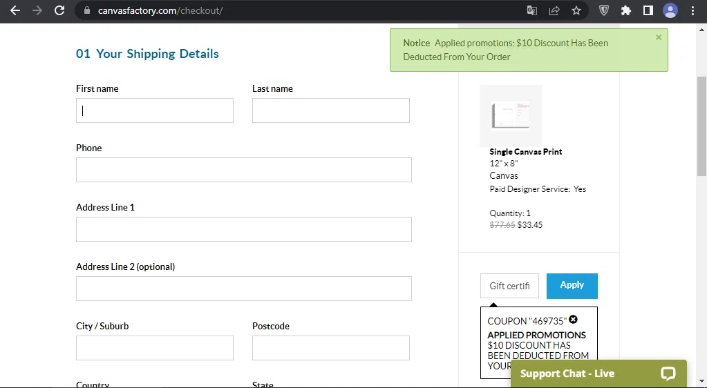 Canvas Factory checkout page showing Canvas Factory promo code box | Screenshot taken by SimplyCodes community member on May 9, 2023