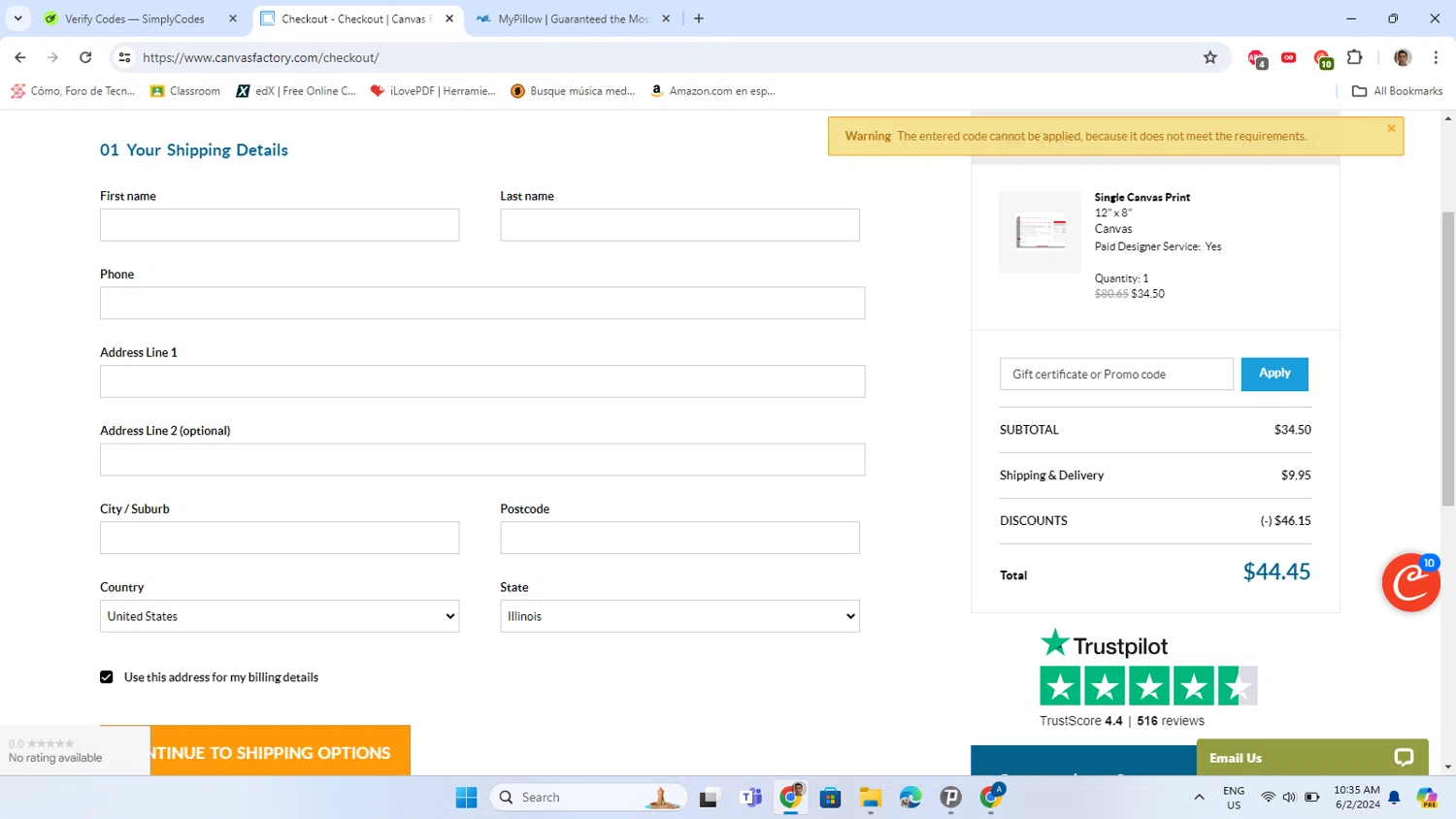 Canvas Factory checkout page showing Canvas Factory promo code box | Screenshot taken by SimplyCodes community member on Jun 2, 2024