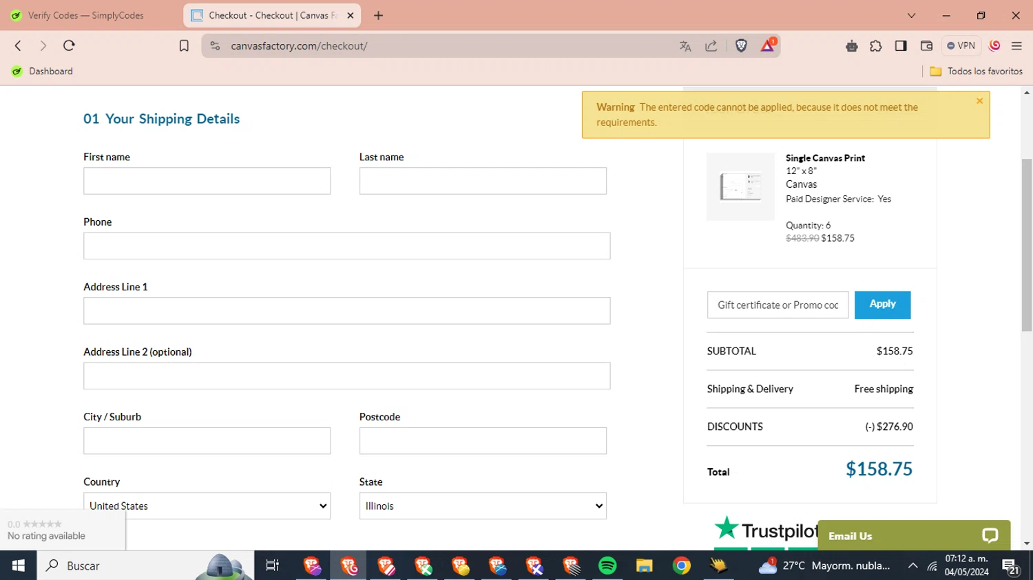 Canvas Factory checkout page showing Canvas Factory promo code box | Screenshot taken by SimplyCodes community member on May 4, 2024