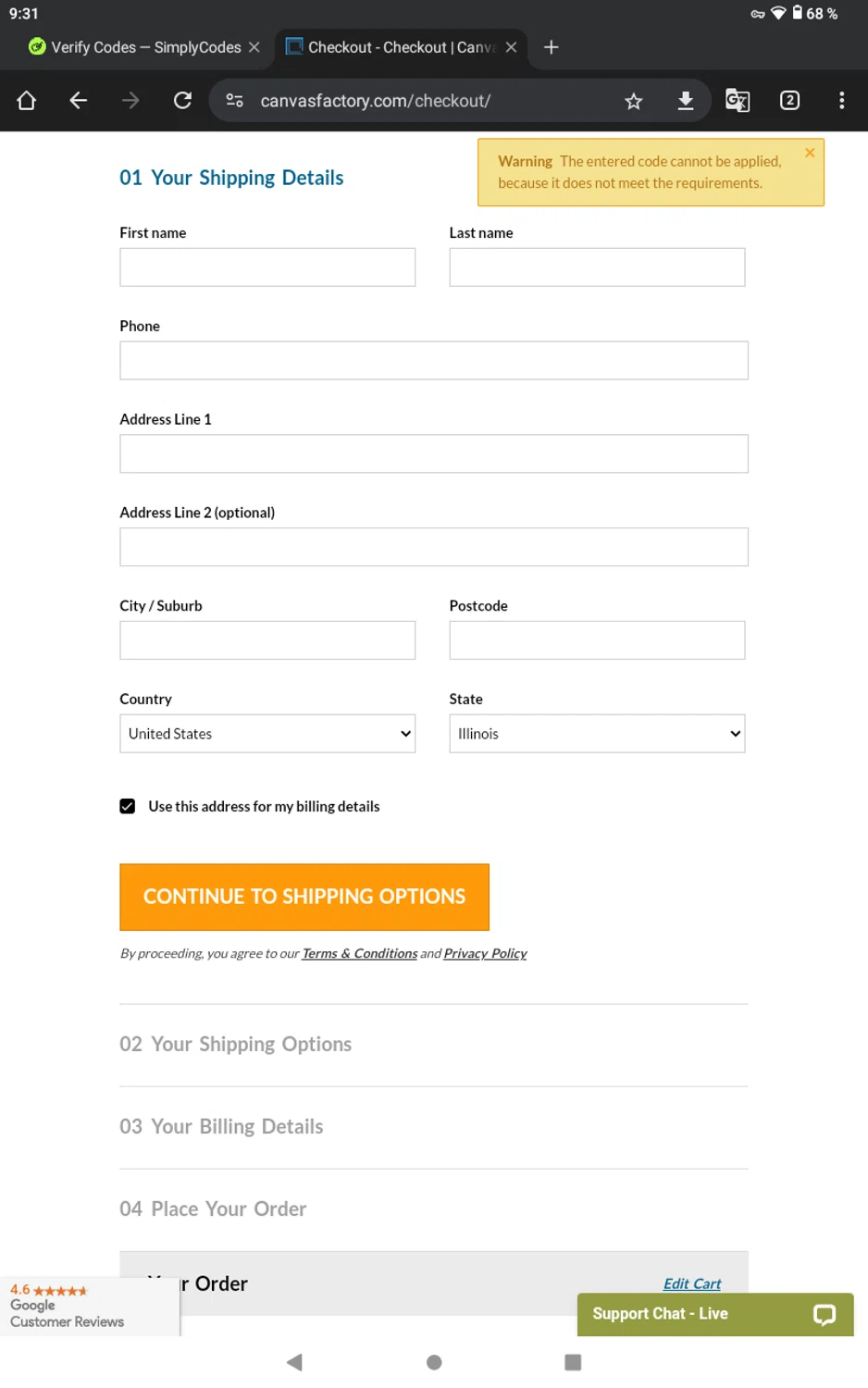 Canvas Factory checkout page showing Canvas Factory promo code box | Screenshot taken by SimplyCodes community member on Nov 4, 2024