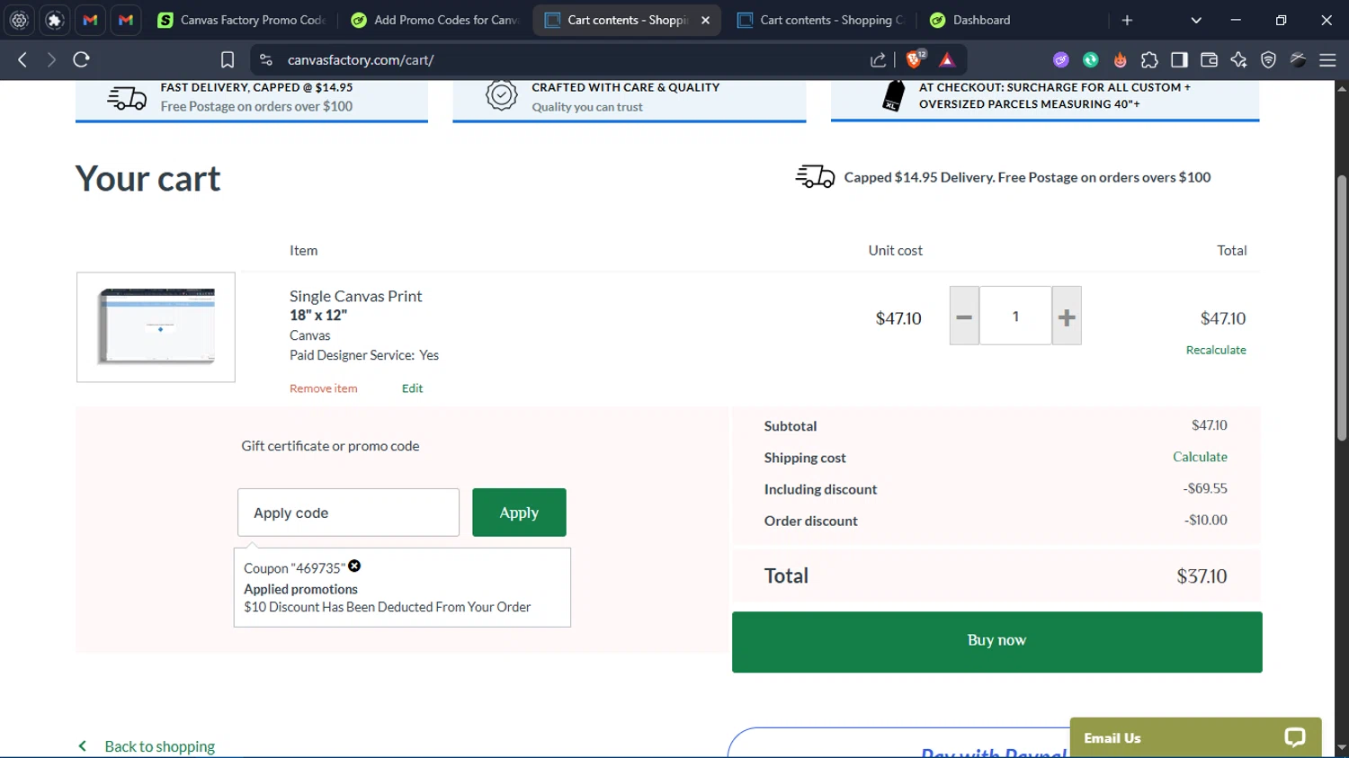 Canvas Factory promo code screenshot showing code 469735 applied at Canvas Factory checkout page. Uploaded by SimplyCodes community member Charlote on Oct 22, 2025