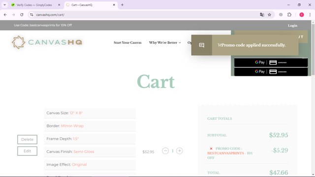CanvasHQ checkout page showing CanvasHQ promo code box | Screenshot taken by SimplyCodes community member on Sep 2, 2024