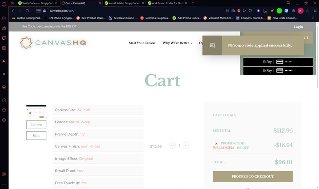 CanvasHQ checkout page showing CanvasHQ promo code box | Screenshot taken by SimplyCodes community member on Jul 9, 2024