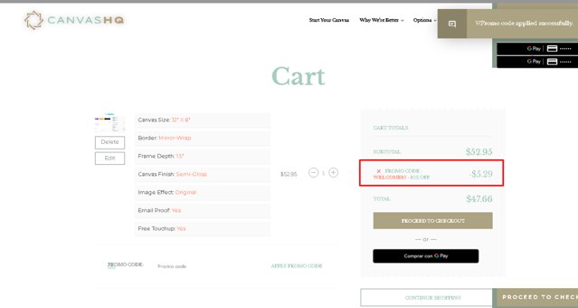 CanvasHQ checkout page showing CanvasHQ promo code box | Screenshot taken by SimplyCodes community member on Aug 15, 2024