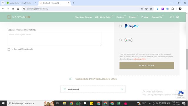 CanvasHQ checkout page showing CanvasHQ promo code box | Screenshot taken by SimplyCodes community member on Jul 17, 2024